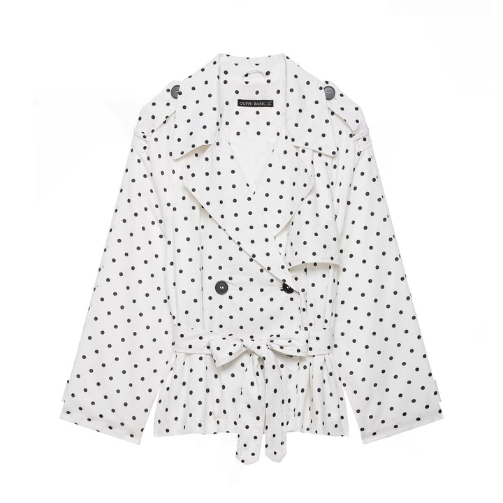 Women Polka Dot Cropped Trench Coat with Tie Belt Mune Fashion