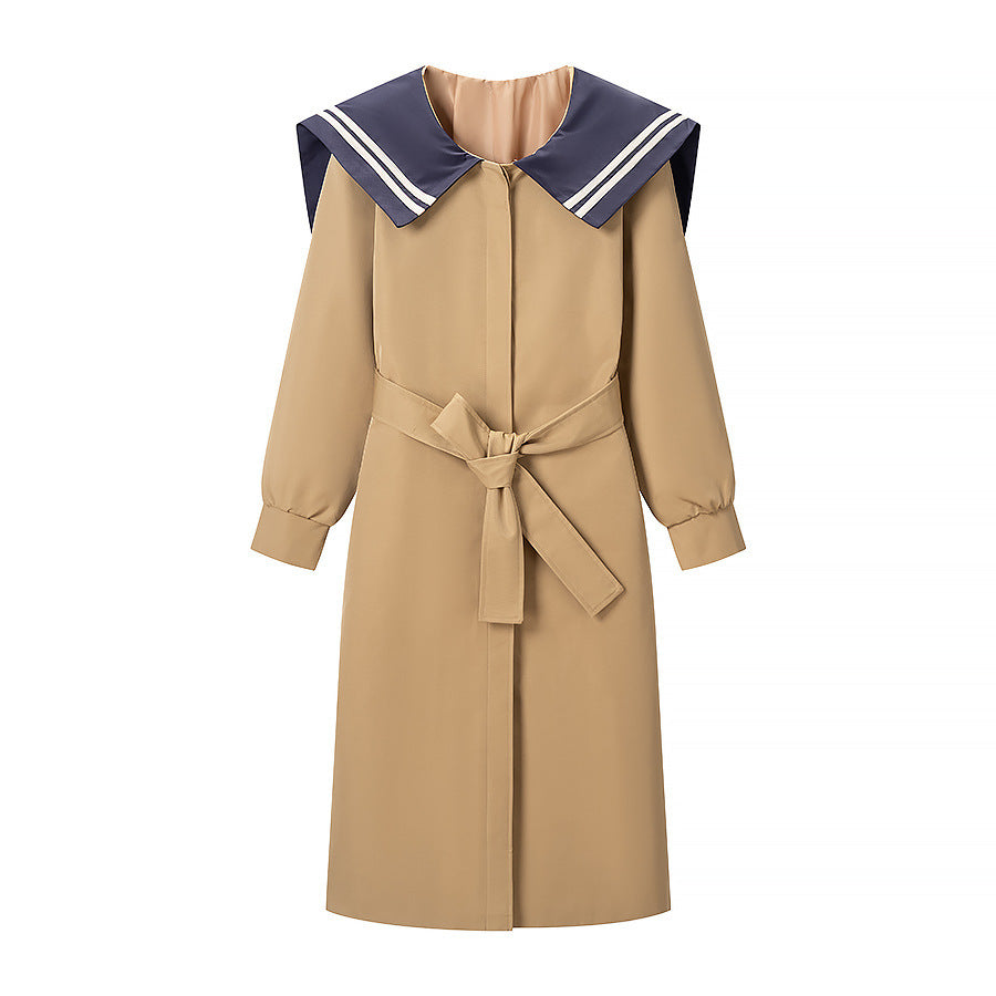 Women's coat with oversized sailor collar, belted waist and concealed button placket Mune Fashion