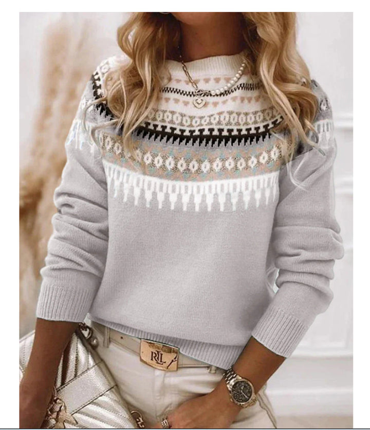 Women's Norwegian sweater made of wool blend with round neck and traditional Fair Isle yoke Mune Fashion