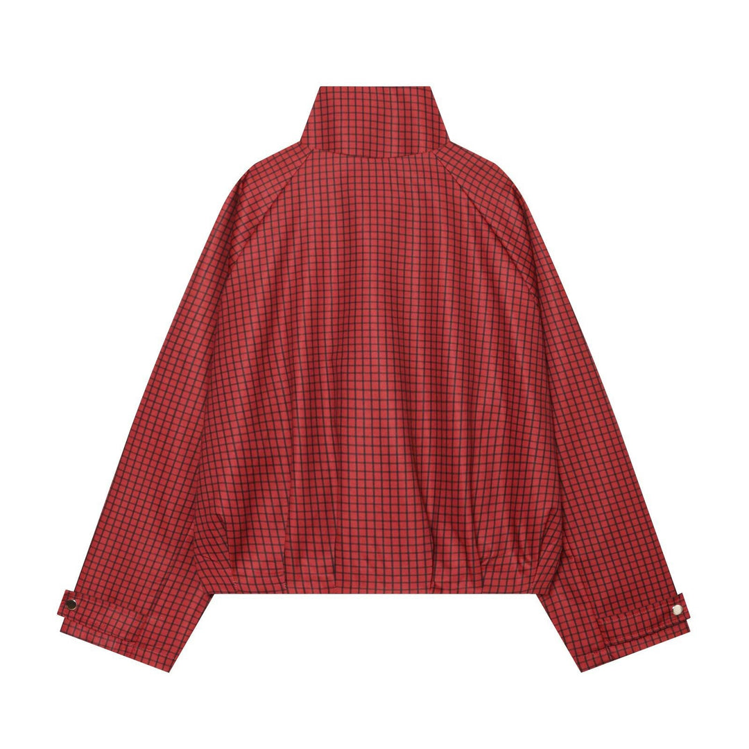Women's Checked Cropped Bomber Jacket with High Stand Collar, Elastic Hem and Full Zip Mune Fashion