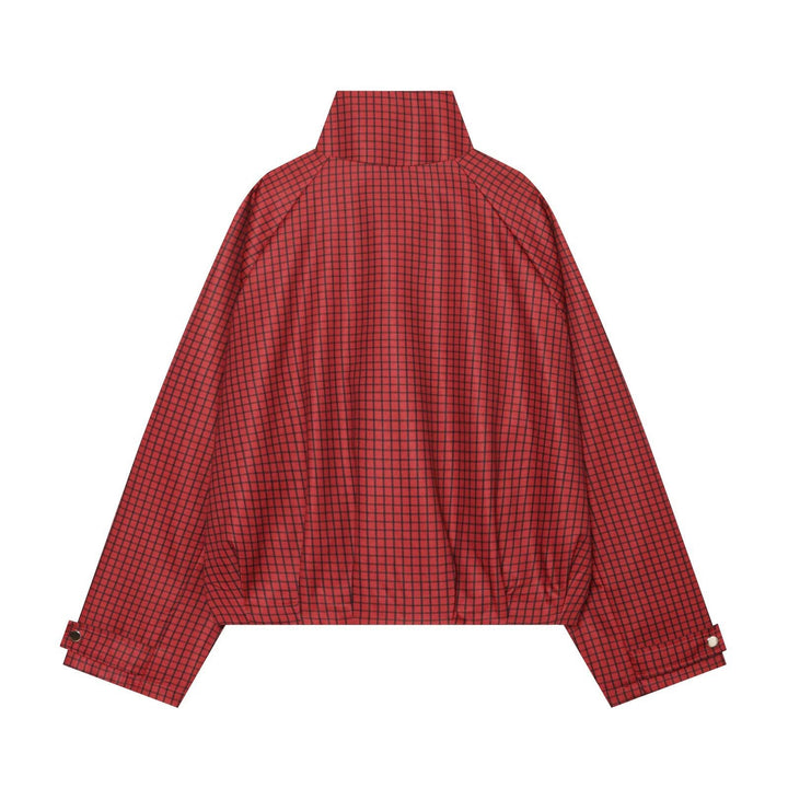 Women's Checked Cropped Bomber Jacket with High Stand Collar, Elastic Hem and Full Zip Mune Fashion