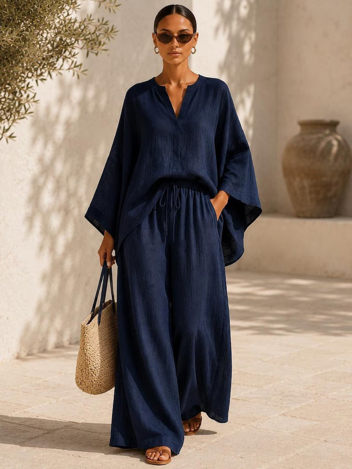 Women's Lightweight Linen-Blend Oversized Kaftan Top and Drawstring Wide-Leg Pants Set Mune Fashion