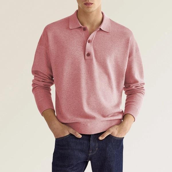 Men's fine knit polo sweater with long sleeves, ribbed cuffs, and subtle button placket EB