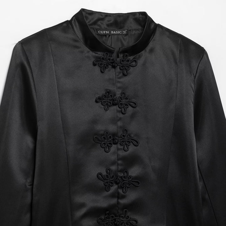 Women's satin jacket in Chinese style with stand-up collar and decorative knot closures Mune Fashion