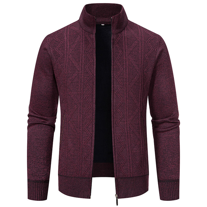 Men's knitted zip cardigan with stand-up collar, geometric textured pattern and concealed pockets Mune Fashion