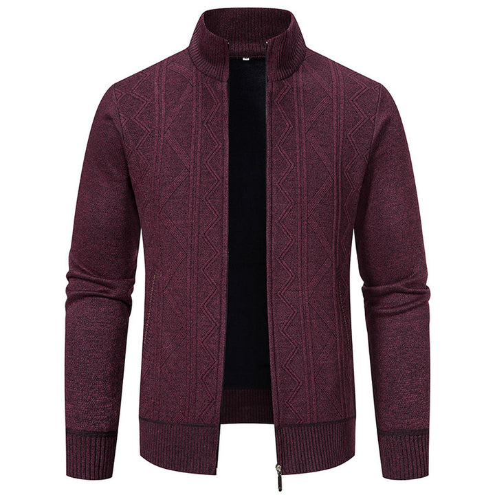 Men's knitted zip cardigan with stand-up collar, geometric textured pattern and concealed pockets Mune Fashion