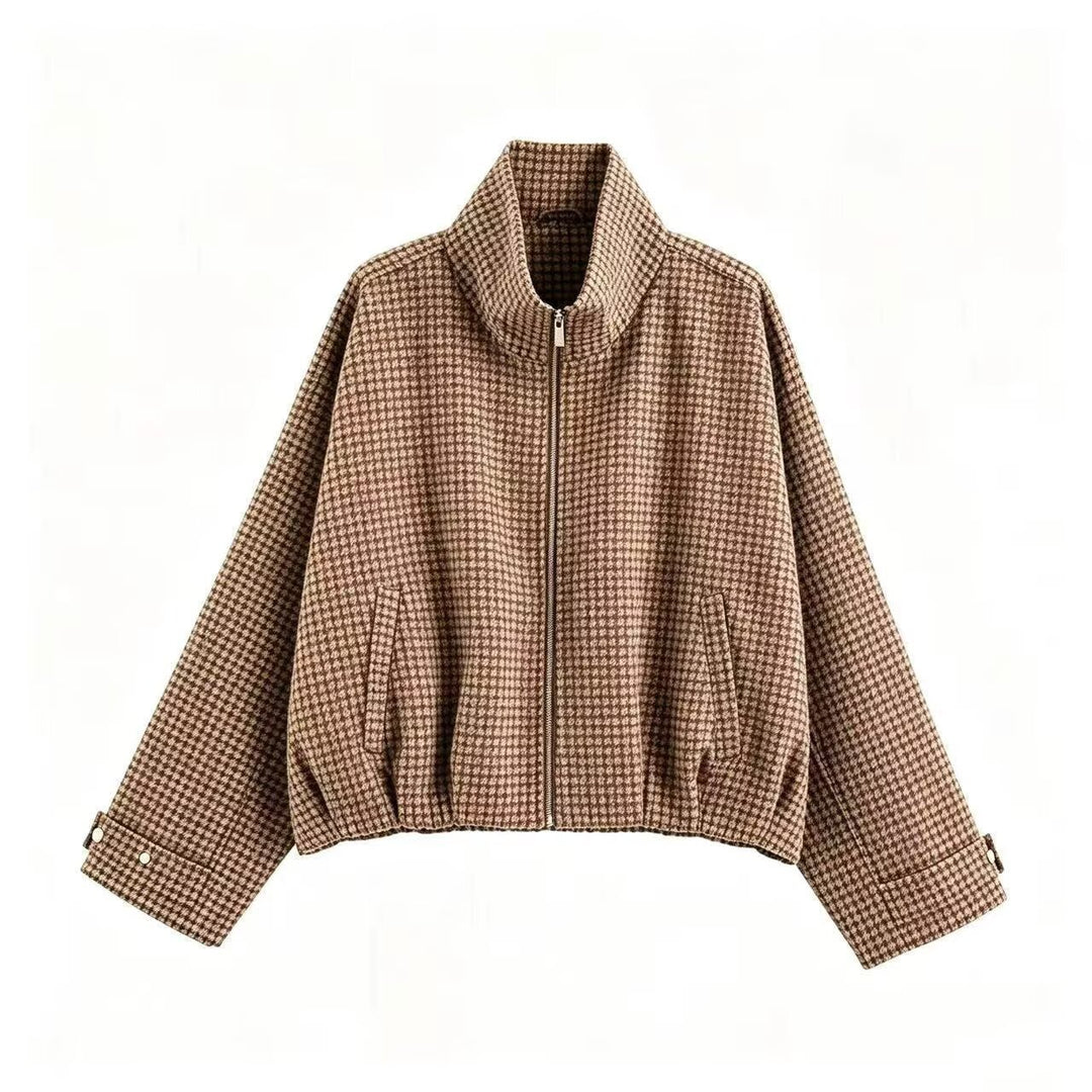 Women's Cropped Transition Jacket with High Funnel Collar, Check Pattern and Elastic Hem Mune Fashion