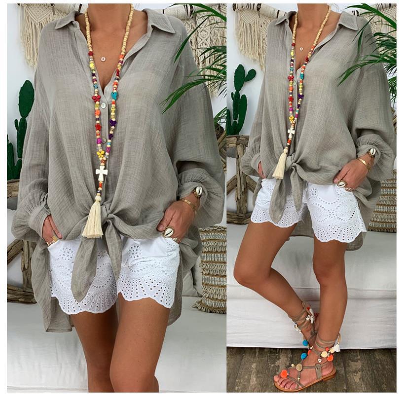 Women’s lightweight linen tunic with knot front and lace shorts Mune Fashion