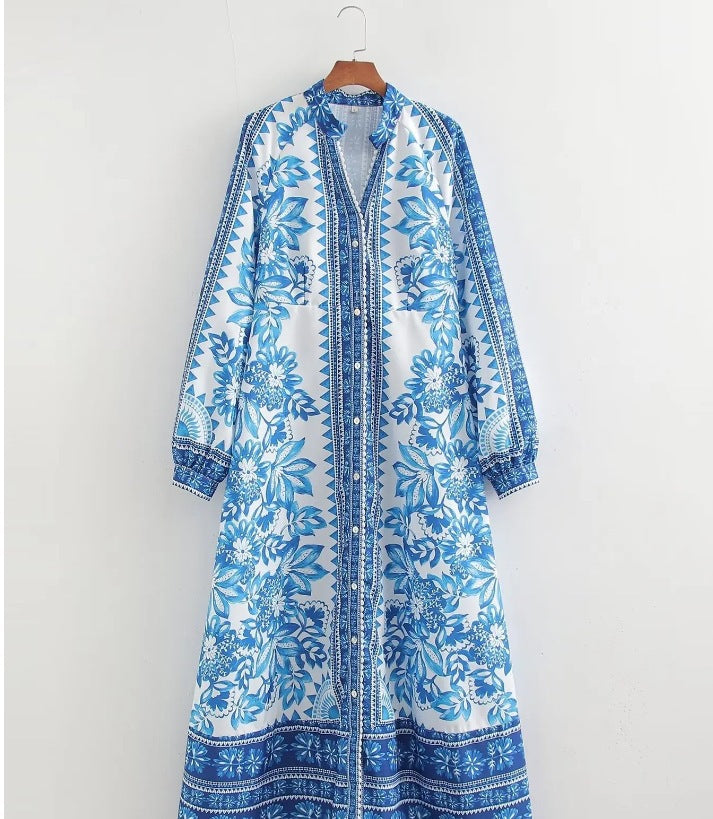Women’s maxi dress in boho shirt style with stand-up collar and full button placket Mune Fashion