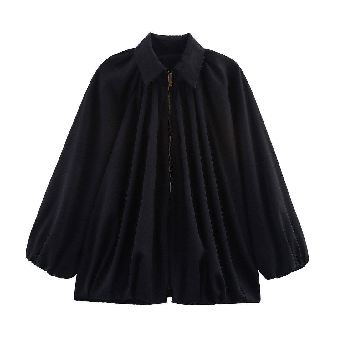 Women's satin cape blouse with zipper, balloon sleeves and gathered hem Mune Fashion