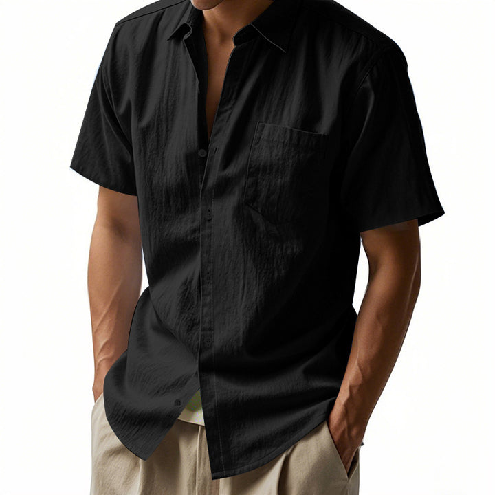 Men's short-sleeved casual shirt made of linen blend with chest pocket and rounded hem Mune Fashion