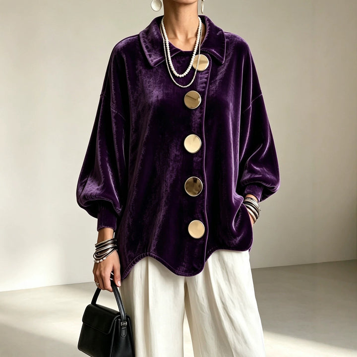 Women's Oversized Velvet Jacket with Large Decorative Buttons and Balloon Sleeves Mune Fashion