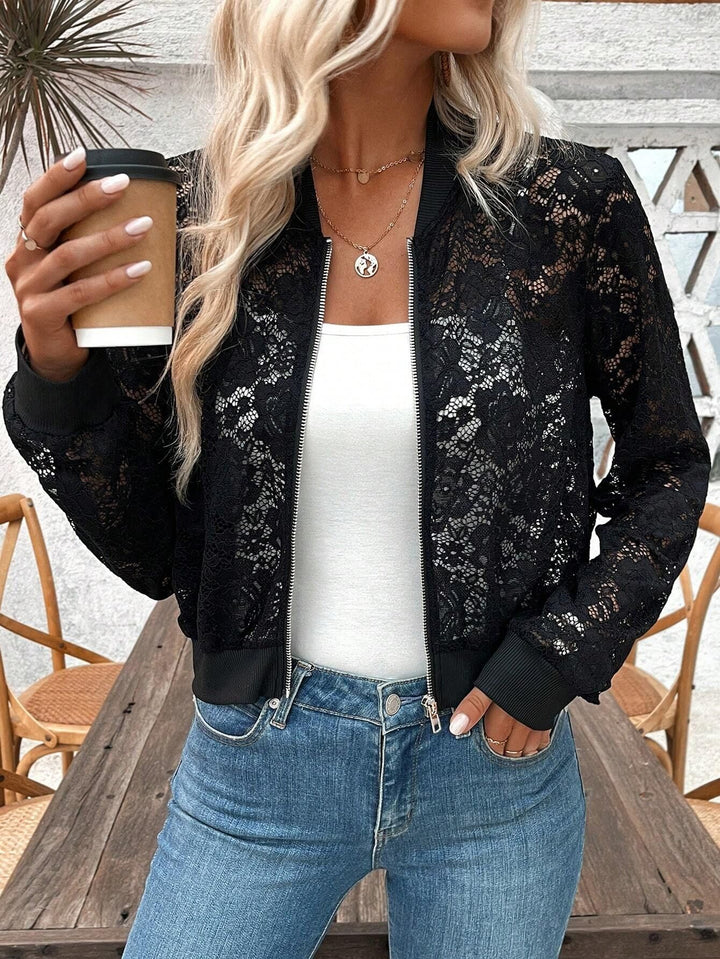 Women's Nan Bomber Jacket with Zip, Ribbed Cuffs and Floral Transparency Mune Fashion