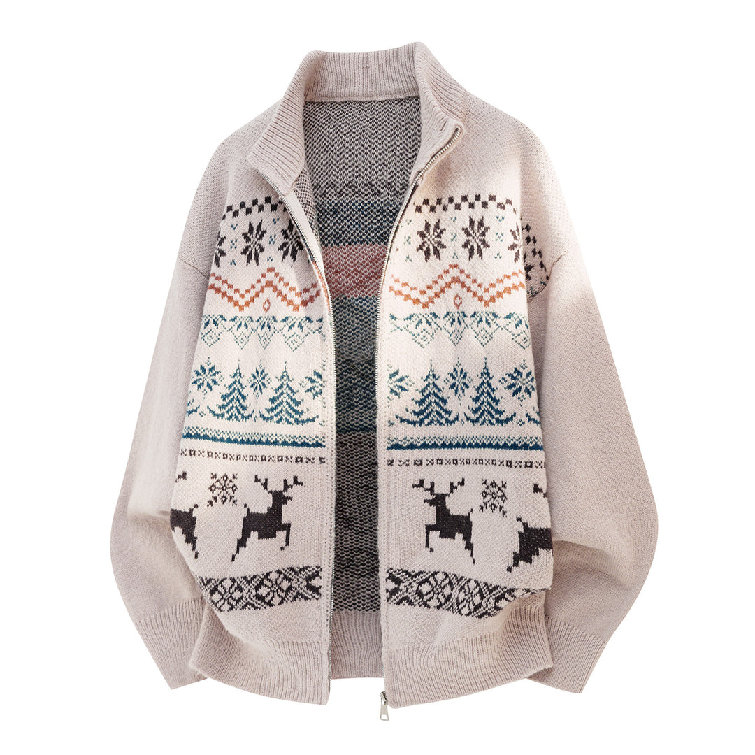 Unisex Zip Sweater Jacket in Norwegian Style with High Collar and Checkered Pattern Mune Fashion