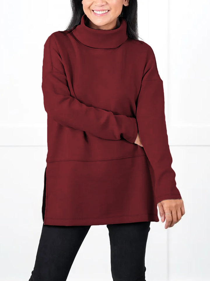 Women's Oversize Sweat Tunic with High Roll Neck, Side Slits and Extended Hem Mune Fashion