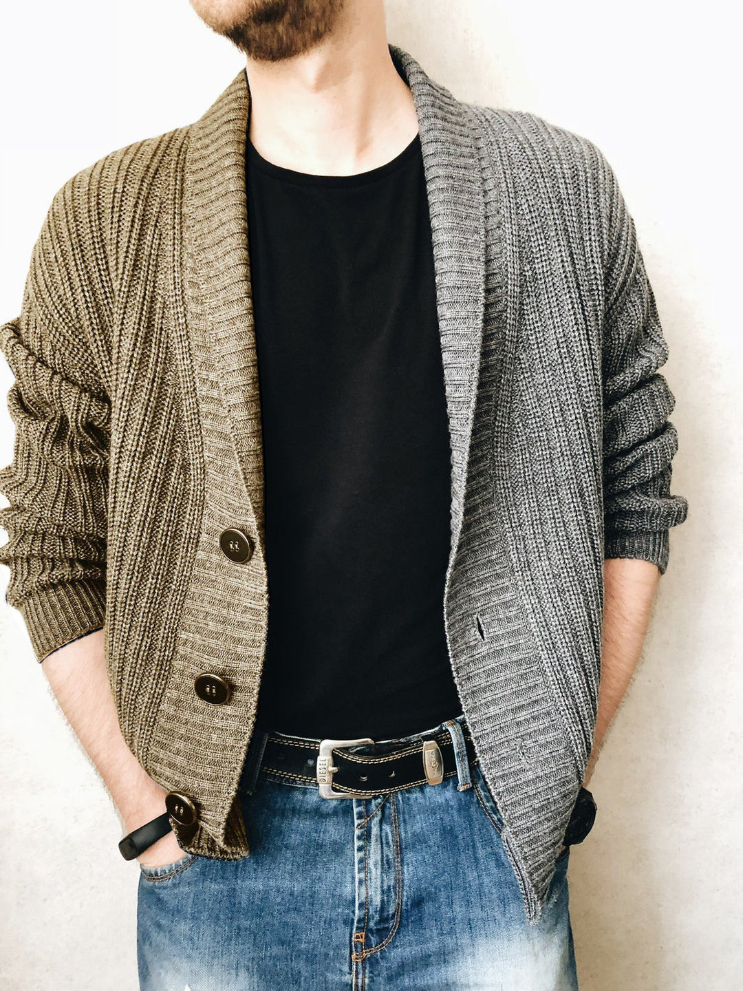 Men's chunky knit cardigan with shawl collar, ribbed texture and distinctive buttons Mune Fashion