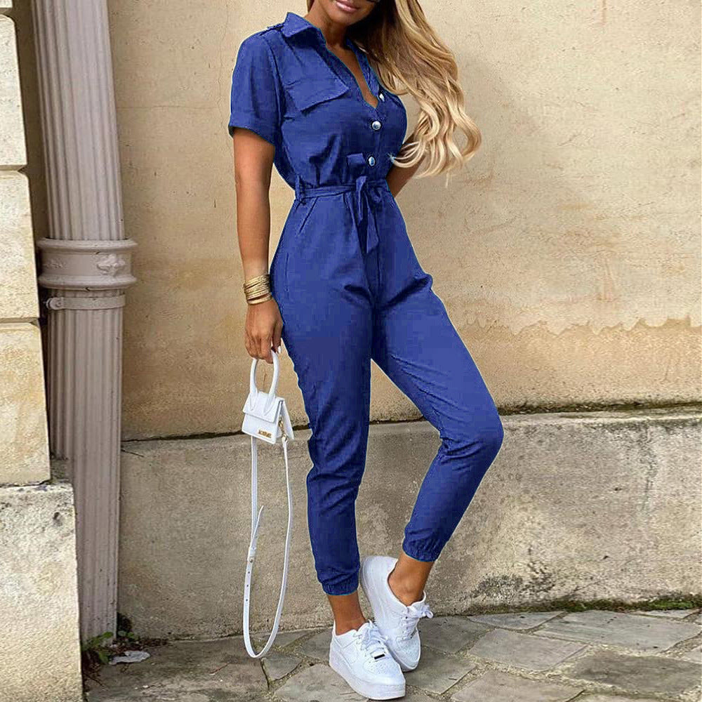 Women Short Sleeve Utility Overall with Waist Tie Belt and Slim Jogger Legs Mune Fashion
