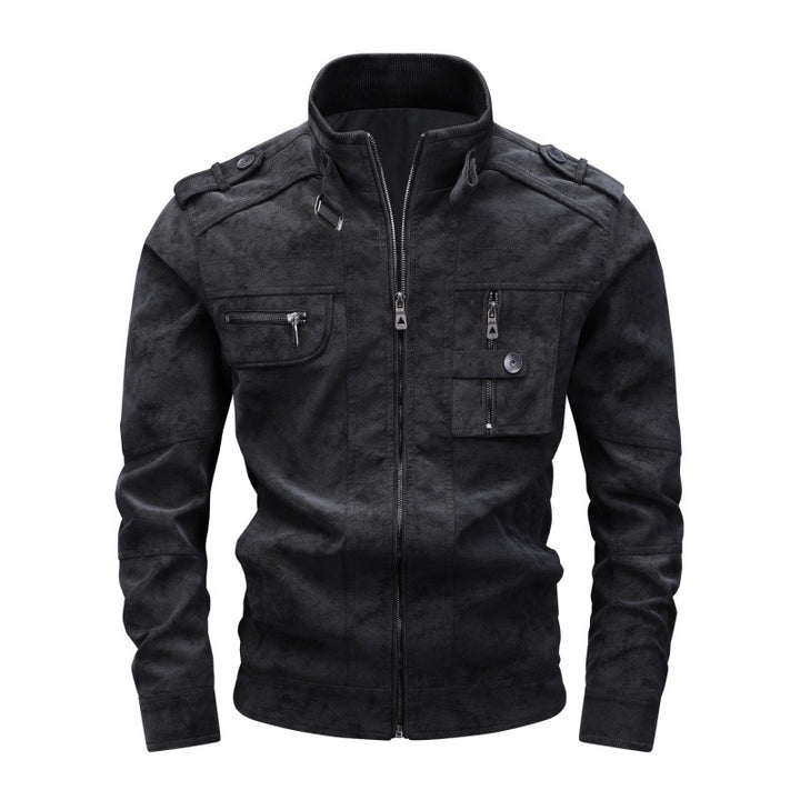 Men's Suede-Look Field Jacket with Stand-Up Collar, Shoulder Flaps and Multiple Zipper Pockets Mune Fashion