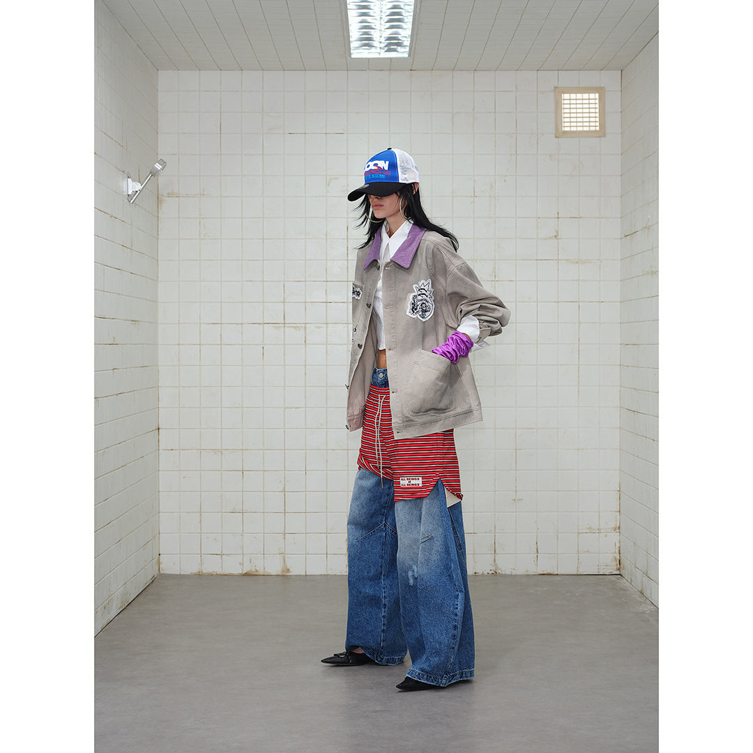 Unisex Traditionally tailored chore jacket made of cotton canvas with artistic patch applications and cord collar Mune Fashion