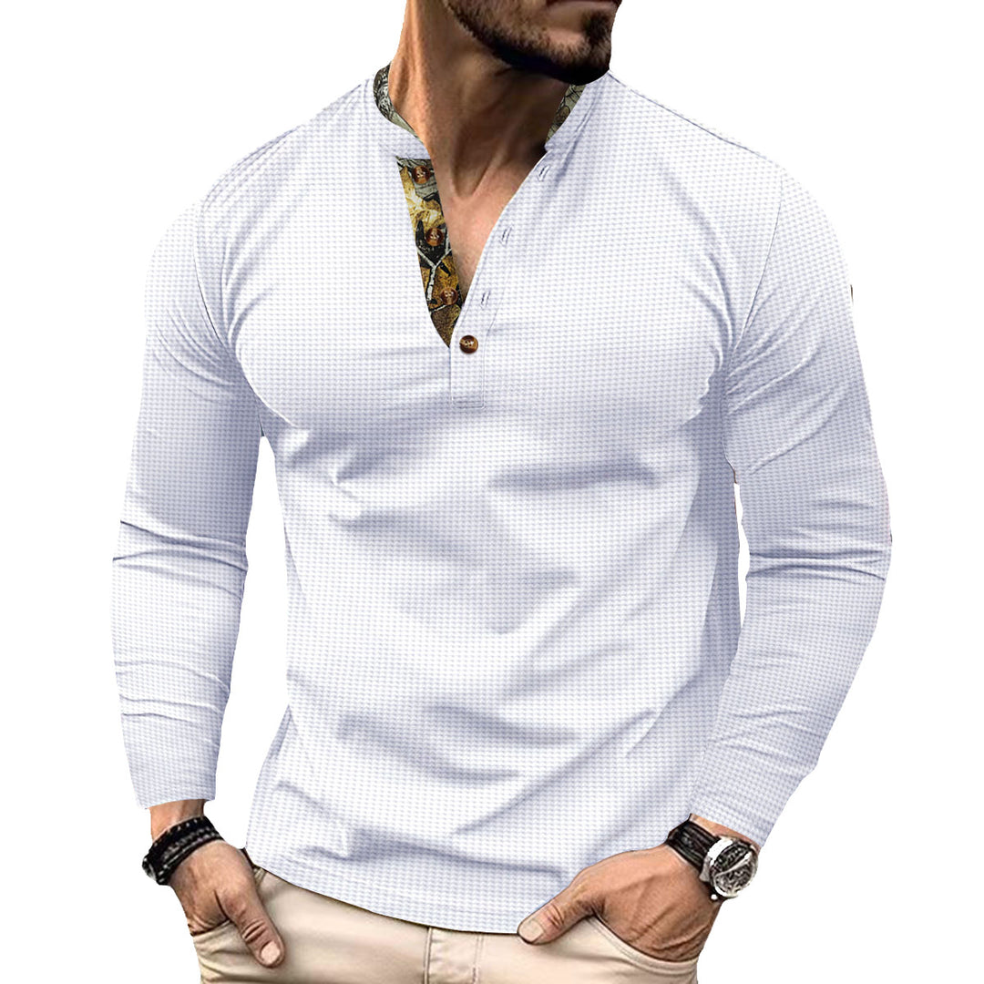 Men's long-sleeved Henley shirt with stand-up collar and patterned button placket trim Mune Fashion