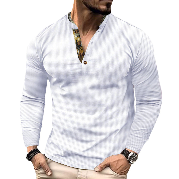 Men's long-sleeved Henley shirt with stand-up collar and patterned button placket trim Mune Fashion