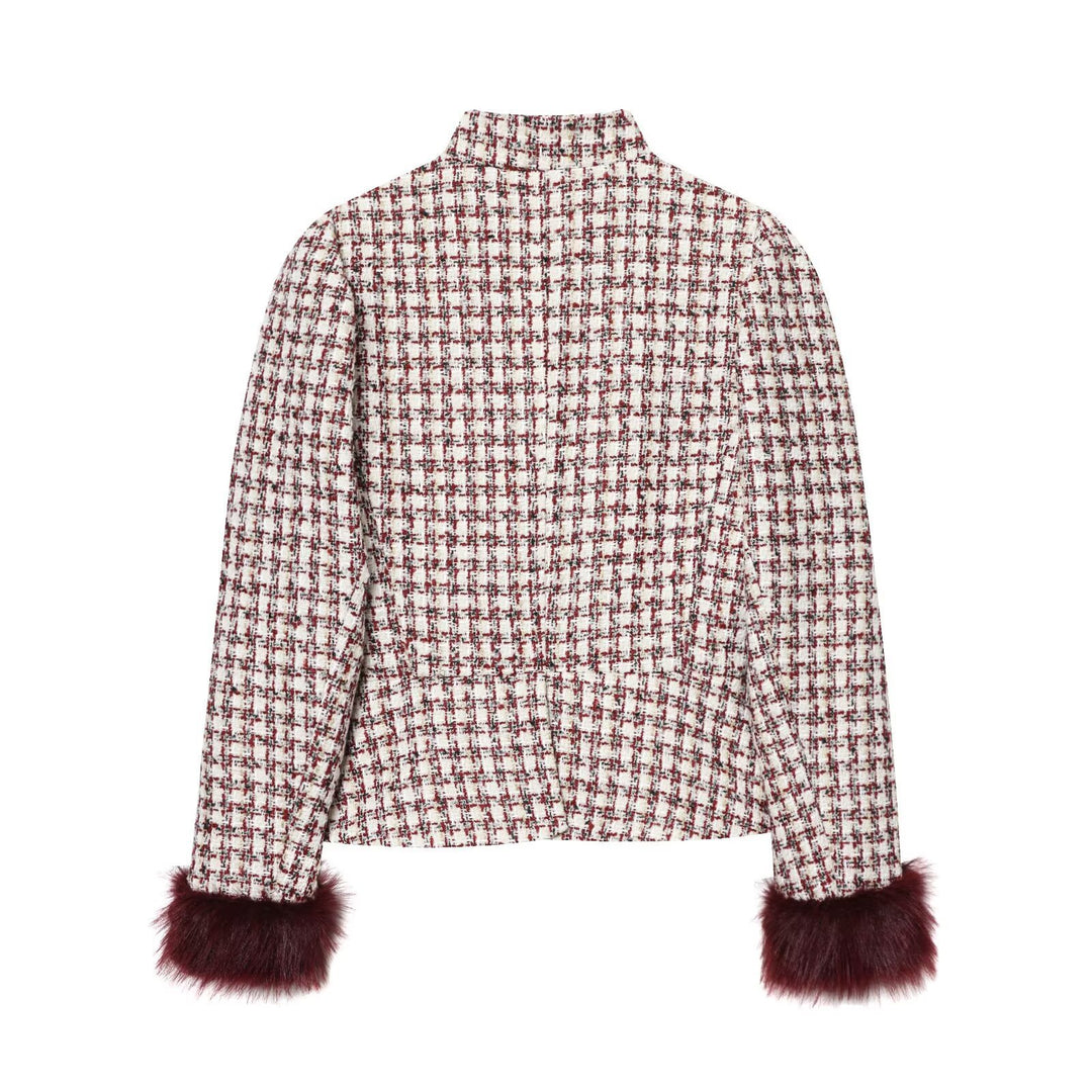 Women's short jacket made of boucle tweed with stand-up collar and faux fur cuffs Mune Fashion