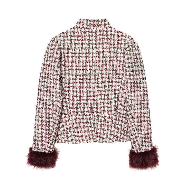 Women's short jacket made of boucle tweed with stand-up collar and faux fur cuffs Mune Fashion