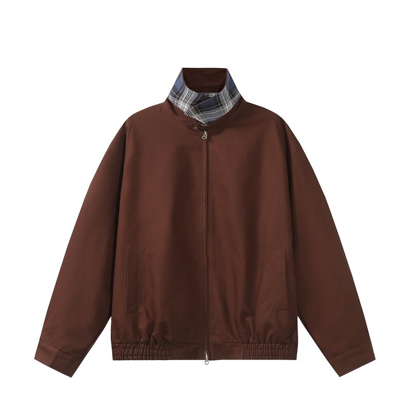 Unisex Short-Cut Boxy Blouson Jacket with Checked Stand Collar, Elastic Hem, and Two-Way Zipper Mune Fashion