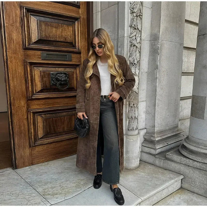Women's 100+ long suede trench coat with waist belt and double-breasted Mune Fashion
