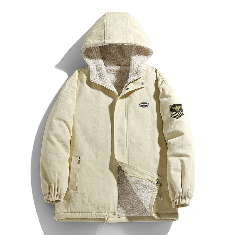 Men's Hooded Canvas Parka with Teddy Fleece Lining and Military Patch Mune Fashion