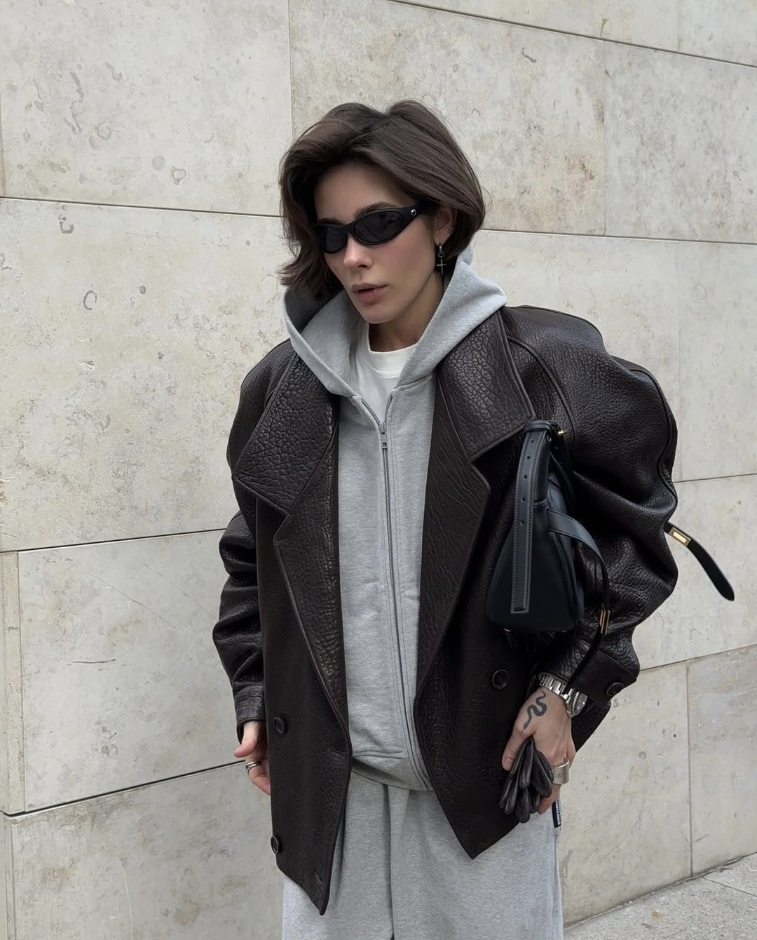 Women's Oversized Leather Look Coat with Textured Surface and Wide Lapels Mune Fashion