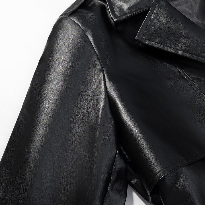 Women Longer Faux Leather Trench Coat with Waist Belt and Epaulettes Mune Fashion