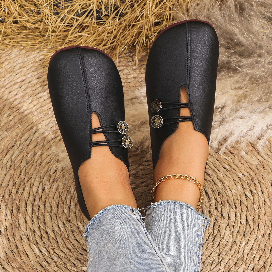 Women Comfortable Closed Slippers with Decorative Buttons and Elastic Lacing Mune Fashion