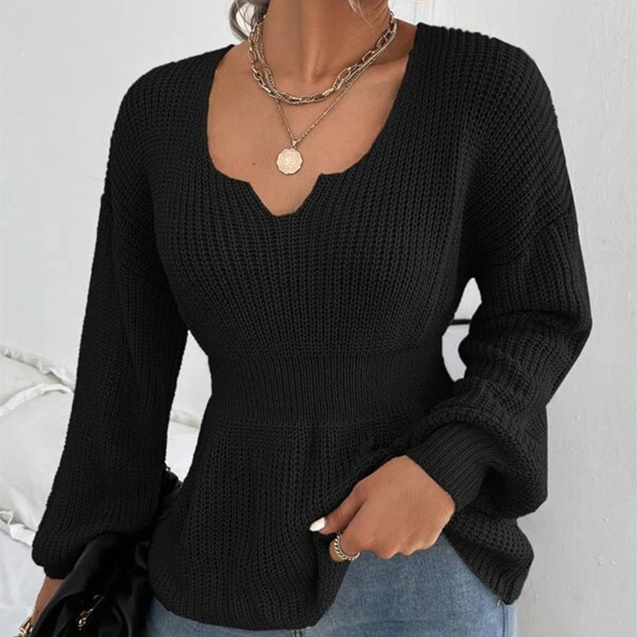 Women's Tailored Fine Knit Sweater with Notched V-Neck, Waist-Emphasizing Ribbed Area, and Balloon Sleeves Mune Fashion