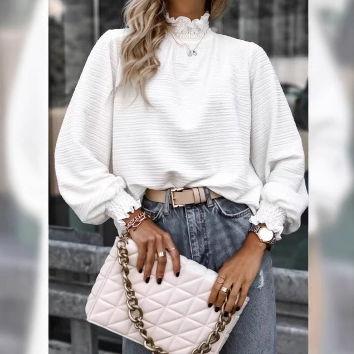 Women Loose Structured Long Sleeve Top with Ruffle Collar and Smocked Cuffs Drune