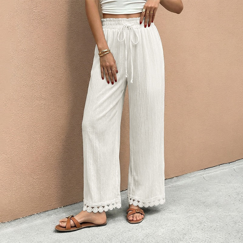 Women Wide Summer Pants with Lace Trim Mune Fashion