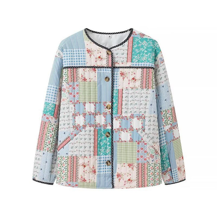 Women's quilted patchwork jacket with round neckline, decorative trim and front buttons Mune Fashion