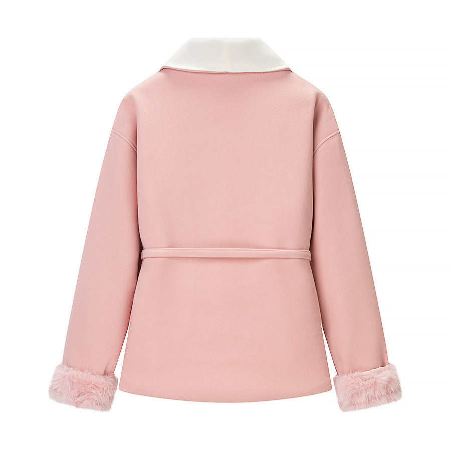 Women's short blazer coat with kimono shawl collar, waist belt, and faux fur cuffs Mune Fashion