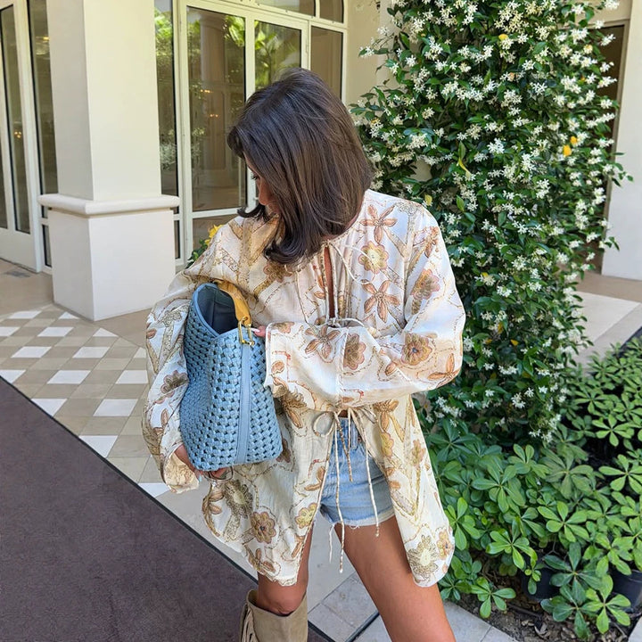 Women's Embroidered Linen Tunic Jacket with Drawstring, Volume Sleeves & Loose Silhouette Mune Fashion