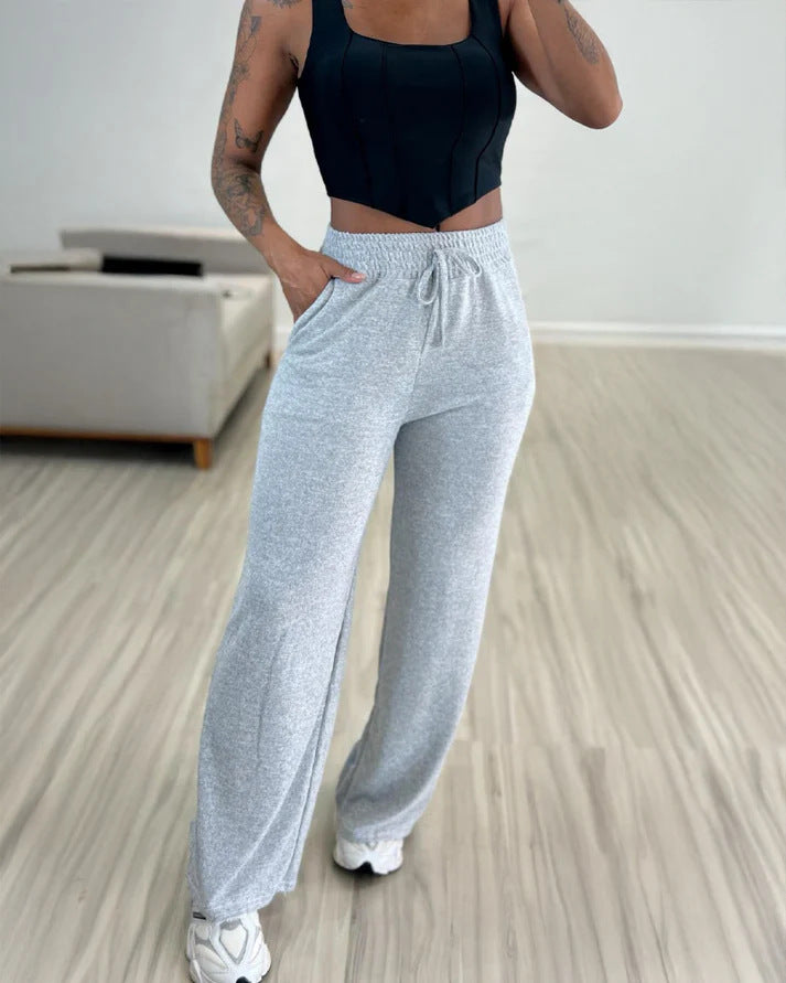 Ladies high-waisted lounge pants with wide leg, drawstring and side pockets Drune