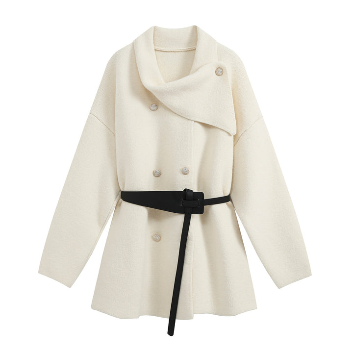 Women's Short Blouson Coat in Cocoon Cut with Asymmetrical Shawl Collar and Waist Belt Mune Fashion