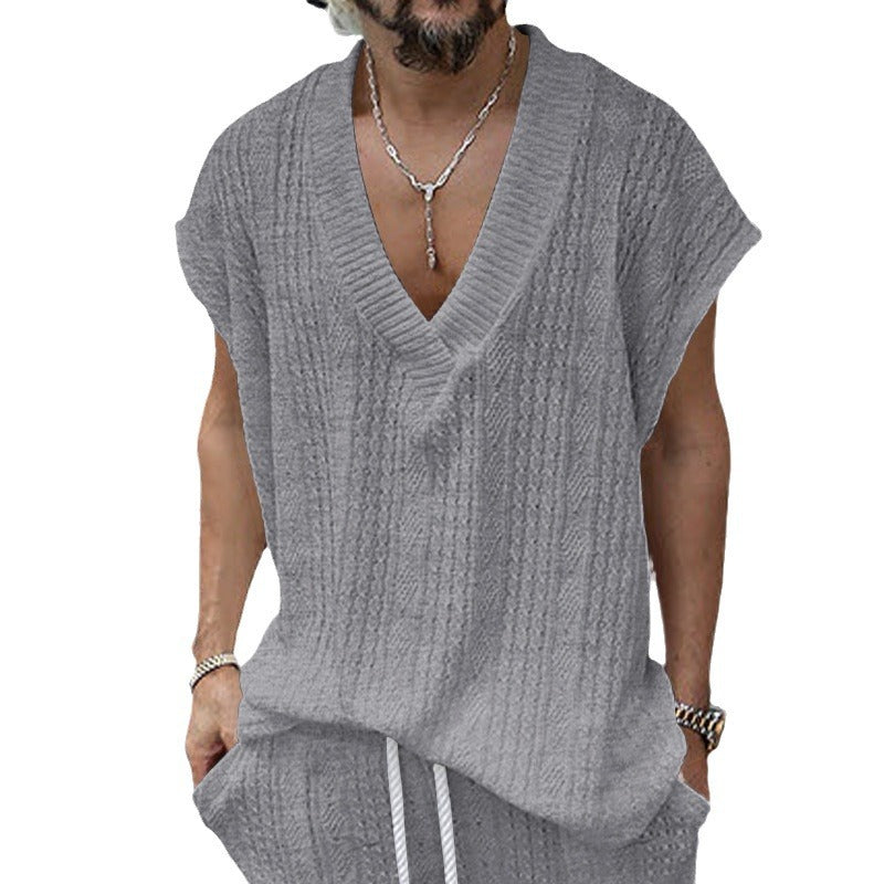 Men's knitted top made of coarse knit with deep V-neck and textured pattern Mune Fashion