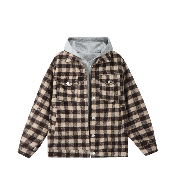 Women's short jacket in shacket style with checked wool look and integrated sweat hood Mune Fashion