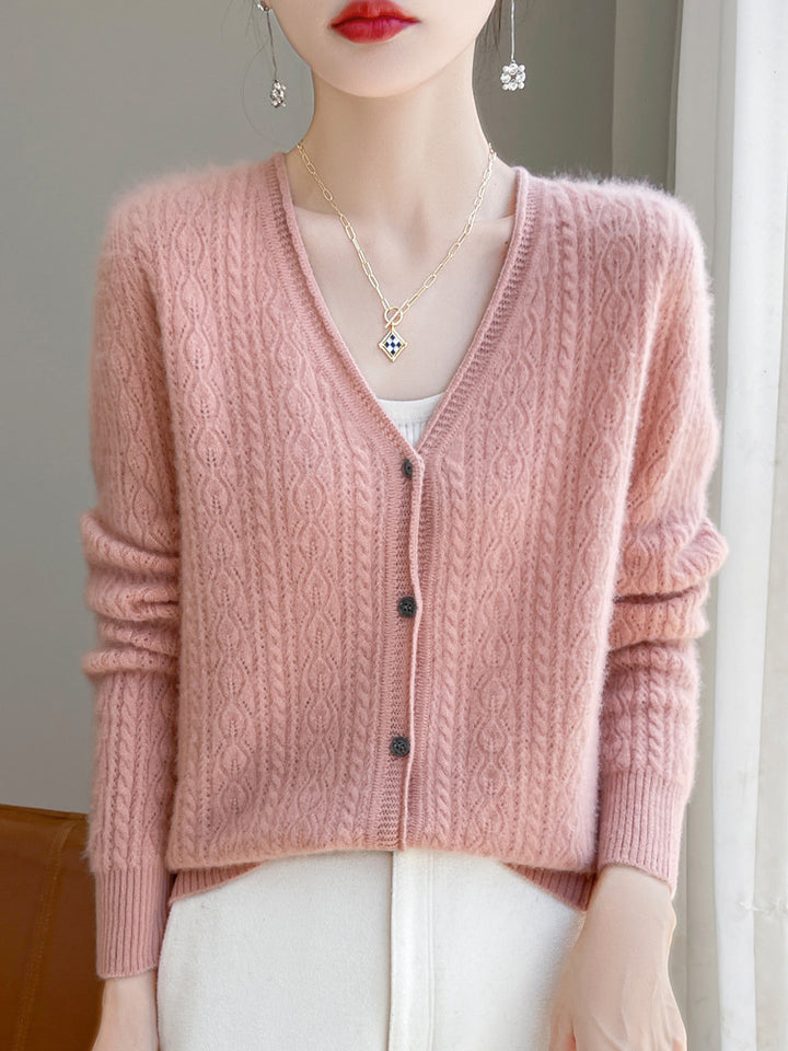 Women's Short Cable Knit Cardigan in Mohair Look with V-Neck and Ribbed Cuffs Mune Fashion