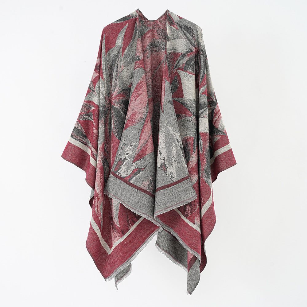 Women's jacquard wrap poncho with floral-abstract woven texture and softly falling oversized cape Mune Fashion