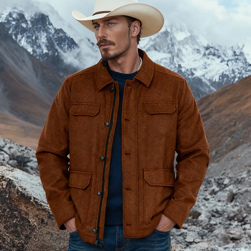 Men's Wool Blend Field Jacket with Flap Pockets, Full Button Placket and Shirt Collar Mune Fashion