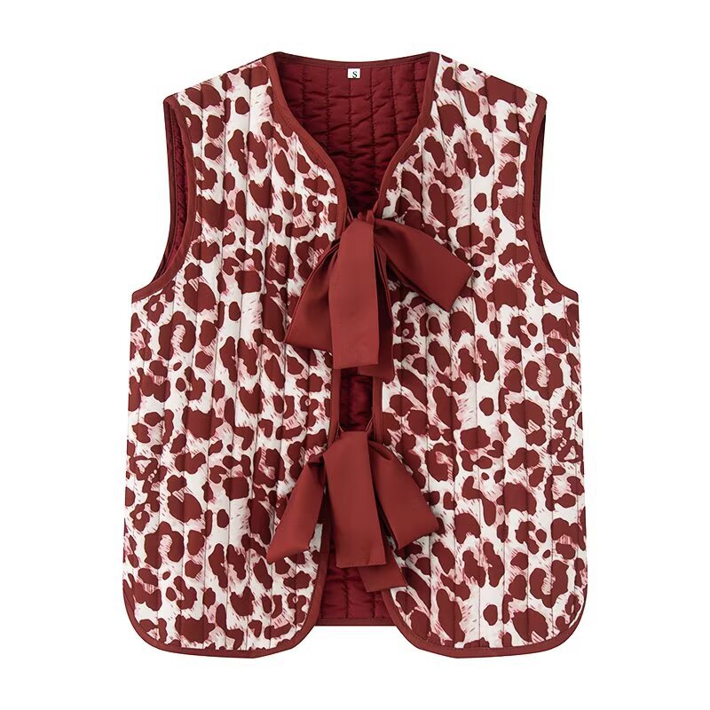 Ladies' padded vests with decorative bow closure and fashionable animal print Mune Fashion