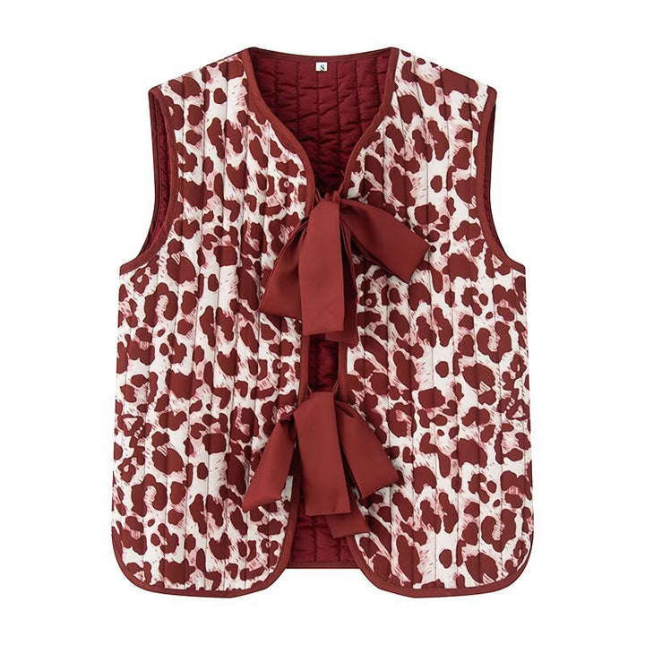 Ladies' padded vests with decorative bow closure and fashionable animal print Mune Fashion