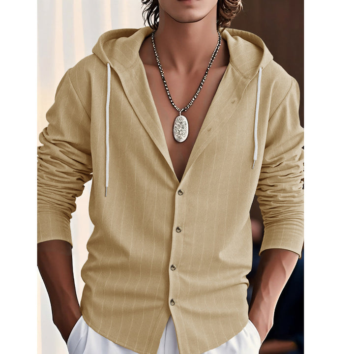 Men's modern hooded shirt with slim fit, continuous button placket, and fine pinstripe structure Mune Fashion