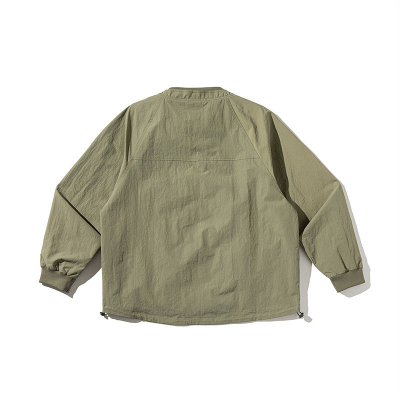 Unisex Lightweight Boxy Field Jacket without Collar with Raglan Sleeves, Patch Flap Pockets and Drawstring Mune Fashion